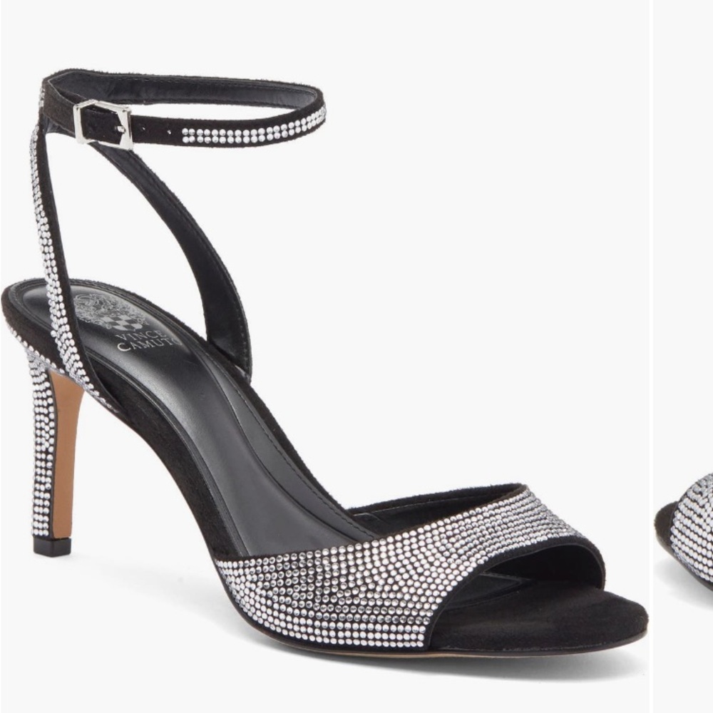 Vince Camaro Black Satin Rhinestone Enella Strap Heels 9M